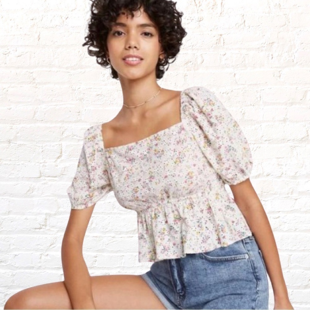 Wild Fable Puff Short Sleeve Eyelet Square Neck Peplum Top XL